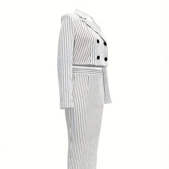 Three-Piece - Striped Print Crop Tube Top, Double Breasted Lapel Blazer & Skirt - Picture 6 of 6